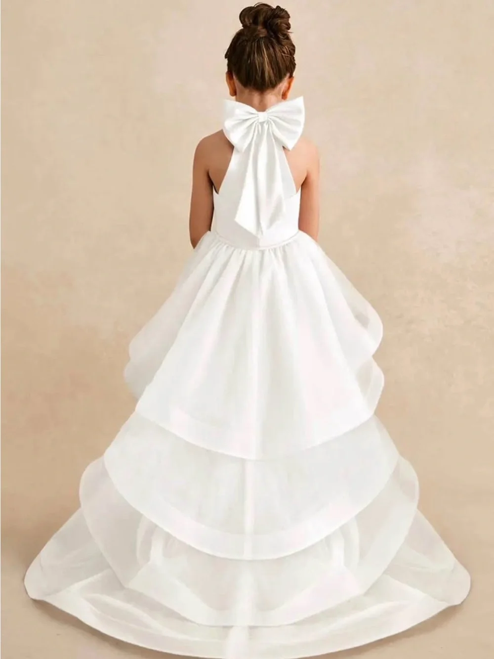 Azazie Girls White Layered Organza Flower Girl Dress with Bow
